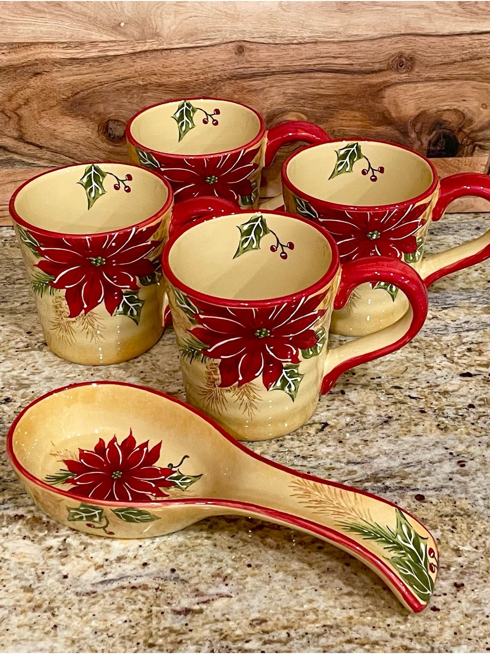 Maxcera Holiday Poinsettia Ceramic Set - 4 Mugs & 1 Spoon Rest - Like New! 🎄✨